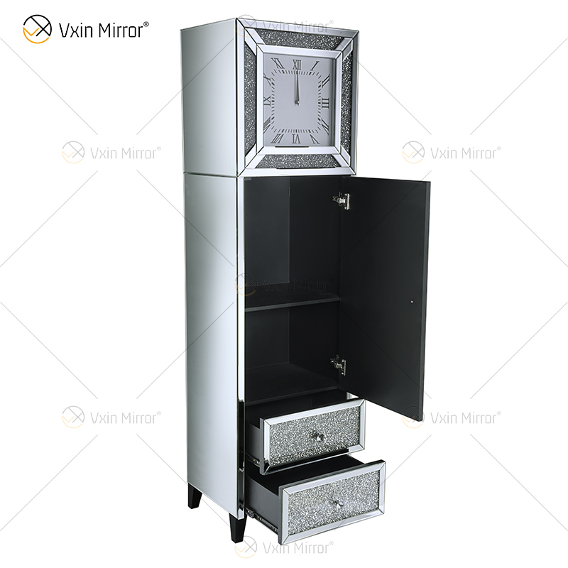 Elegant Home Decor WXF-739 Uhrenschrank mit 2 Schubladen in Silber verspiegelt mit zerkleinerten Diamanten