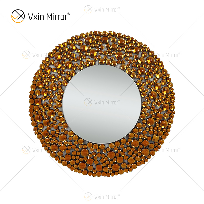Goldene Luxus-Wanddekoration, silberner Kristallglas-Wandspiegel, runder Hängespiegel